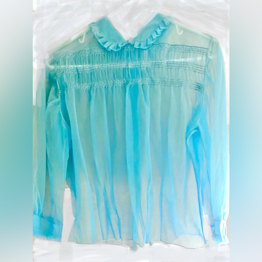 Vintage 1960s Pajamas Jacket Turquoise Blue Sheer